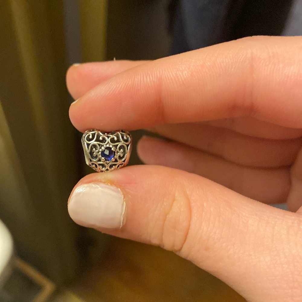 Silver Pandora Heart Shaped Charm with Blue Gem in the center